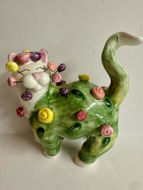 Vintage Lacombe Ceramic Green Cat Figurine with Colorful Flower Accent